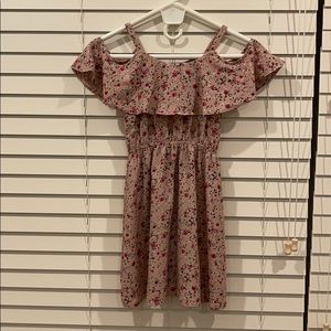 Girls Pink Floral Cold-Shoulder Mini Dress